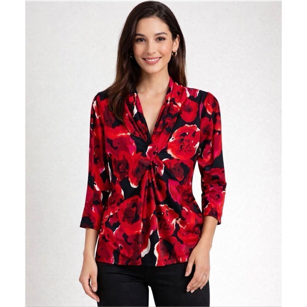 Josephine Studio Petite Small Red Black Floral Twist Front V-Neck Blouse